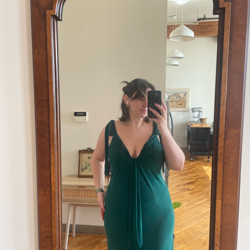 mac duggal jersey low back bow shoulder gown, emerald, size 12